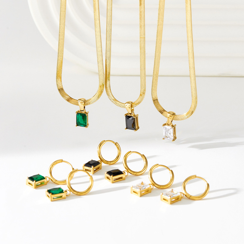 Fashion Square Stainless Steel Inlay Zircon Womenu0027S Earrings Necklace