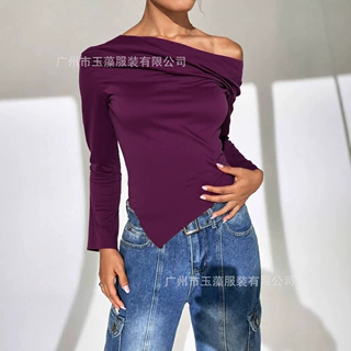 2025现货新款跨境欧美亚马逊不规则露肩中弹上衣T恤针织衫