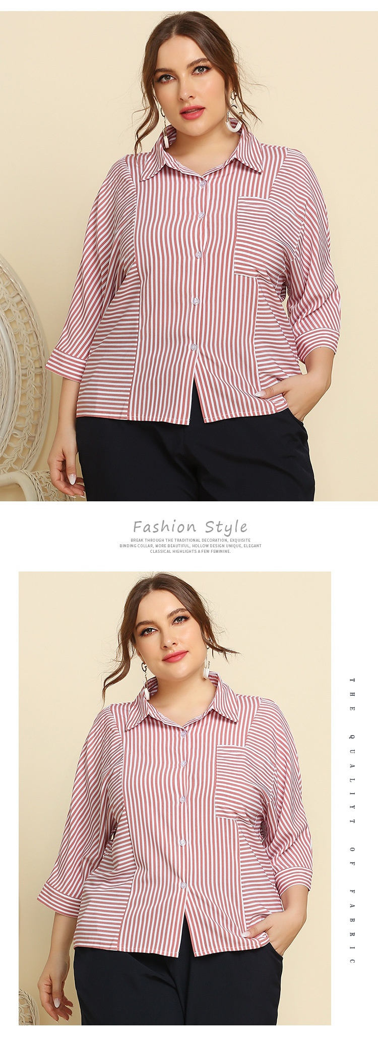 Plus Size Striped Long-Sleeved Lapel Pocket Shirt NSJR31233