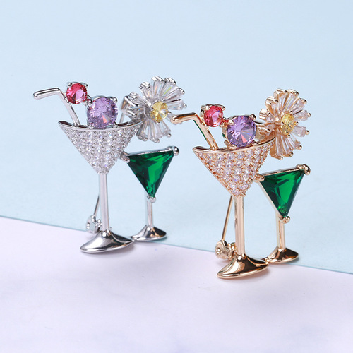European and American creative personalized fashion cocktail glass brooch micro-encrusted zircon corsage trendy clothing accessories collar pin wholesale