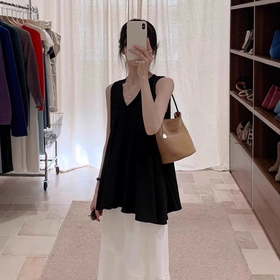 Французская черная женская летняя высококачественная верхняя одежда без рукавов с v-образным вырезом, льняной топ средней длины без рукавов