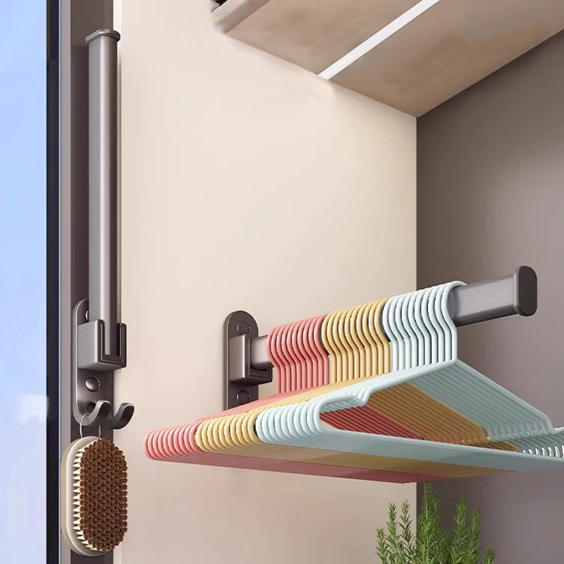 Folding Storage Rack Creative Clothes Support Hanging Rod Thickened Household Clothes Drying Rack No-Drill Hanger Storage Artifact Wall-Mounted