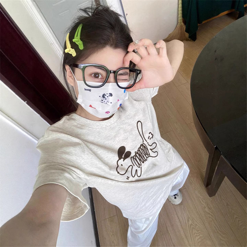 Pure Cotton Short-Sleeved T-Shirt for Women, American Style, Cute, Off-Shoulder, 2026 New Summer Style, High-End Gray Half-Sleeved Top, Korean Style