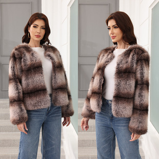 2025 European and American Autumn and Winter New Fur Outwear Women's Wide Vertical Stripes Imitation Fox Fur Round Neck Short Imitation Fur