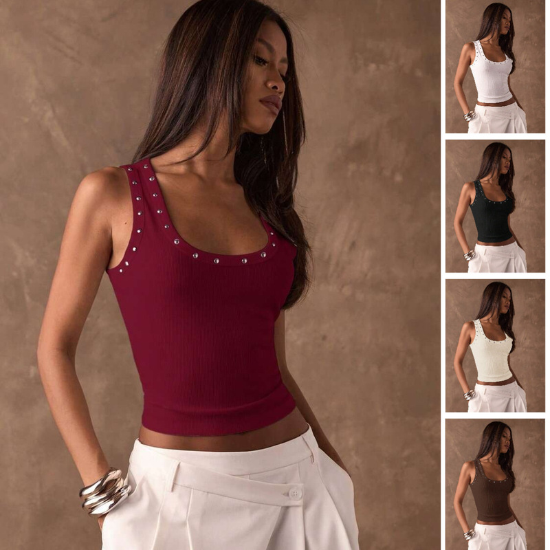 2026 Y2K Hot Girl Style Personality Perforated Rhinestone Slim Fit Sleeveless Top with Waist-Cinching Design for Women