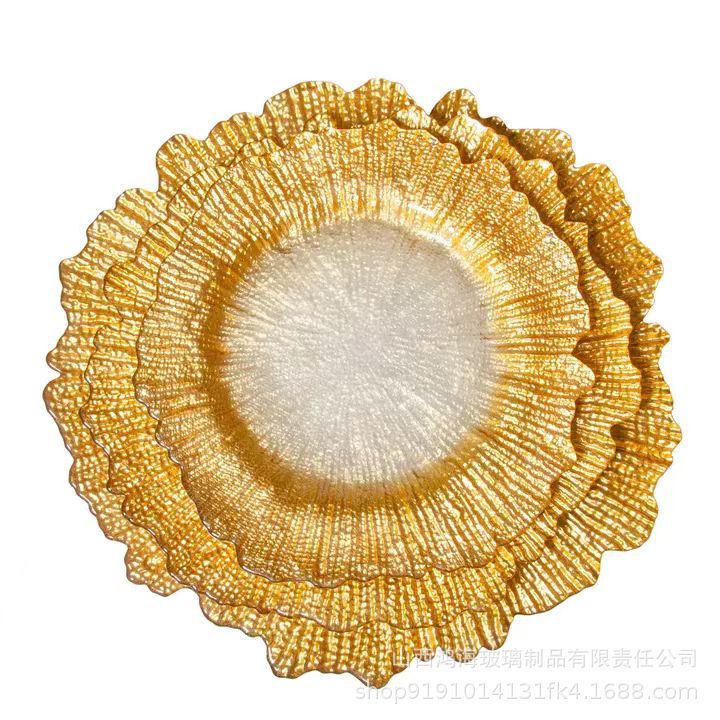 [Honghai] Chargerplate Asymmetrical Golden Glass Plate Wedding Hotel Party Plate Tray