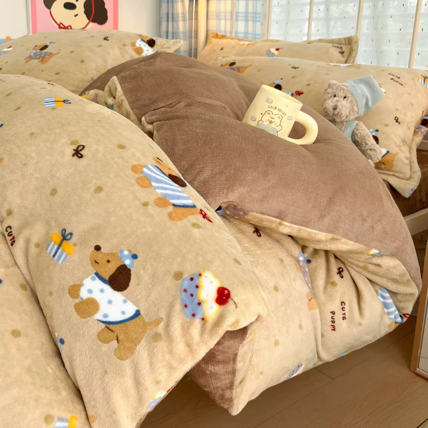 冬季小清新印花加厚牛奶绒四件套学生宿舍暖绒保暖被套三件套批发