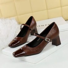 5292 retro style mid heel thick heel shallow mouth splicing square head rhinestone buckle straight strap single shoe spring and autumn women's shoes