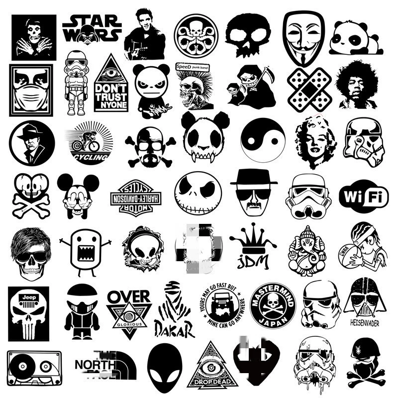 Sticker Set, PVC Printed, Assorted Graffiti Designs, Black & White, 50–100 pcs