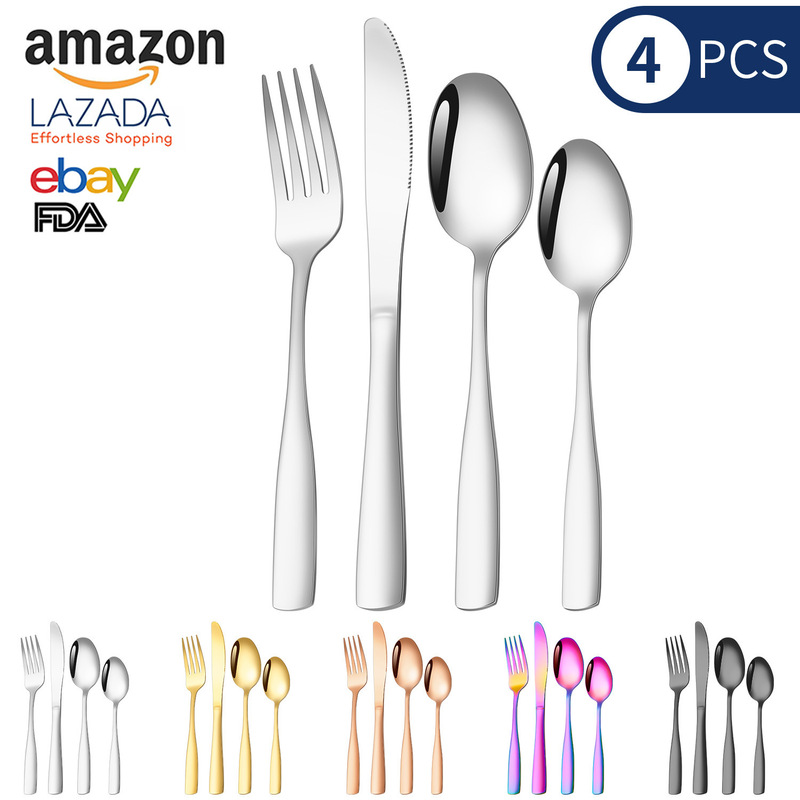 Cross-Border Amazon Stainless Steel Square-Handle Cutlery Set of 4 Pieces, Gradient Steak Knife, Fork, and Spoon Set for Restaurants and Hotels Cross-Border Amazon Stainless Steel Square-Handle Cutlery Set of 4 Pieces, Gradient Steak Knife, Fork, and Spoon Set for Restaurants and Hotels
