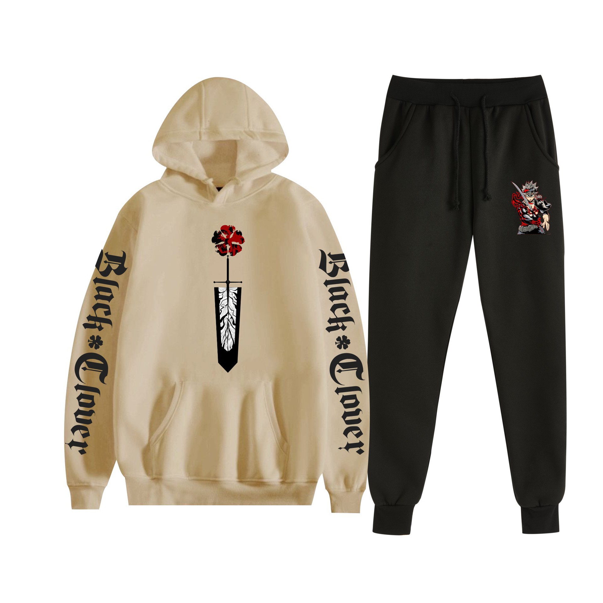 Trébol de cuatro hojas negro nuevo estilo transfronterizo Black Clover pareja suéter con capucha hombres y mujeres pantalones de dos piezas
