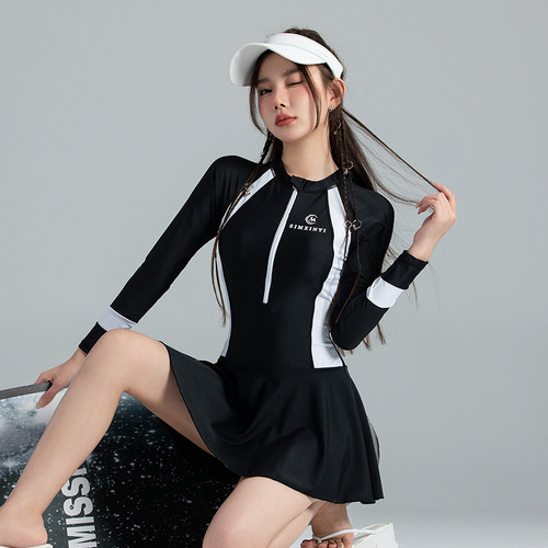 Black and White Striped One-Piece Swimsuit for Women, Small Bust Shaping, Abdominal Coverage, Slimming, Sun Protection, Breathable, Wholesale