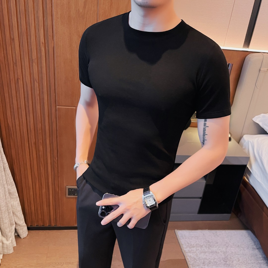 단색 라운드넥 반팔 티셔츠 남성용 슬림핏 데일리 캐주얼 한국 스타일 반팔 티셔츠 통기성 좋고 편안함