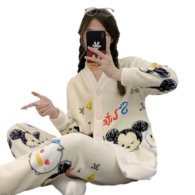Varios pijamas de invierno de las mujeres con cuello en V cardigan de dibujos animados lindo forro polar engrosada franela traje homewear mujeres