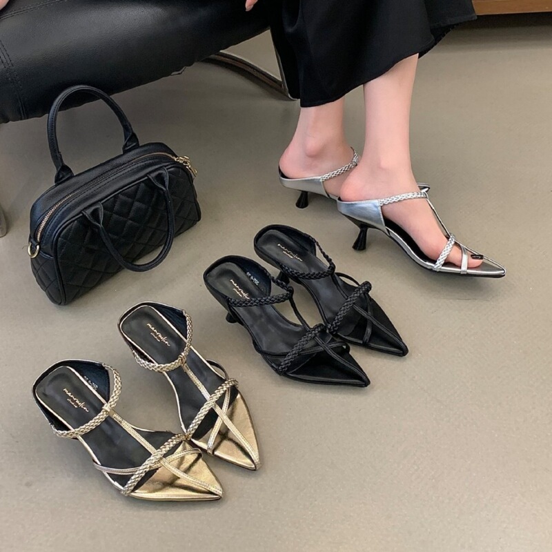 2026 New Style French Cross-Strap Elegant Pointed Toe Open-Toe Roman Sandals Women's High-Heeled Slippers