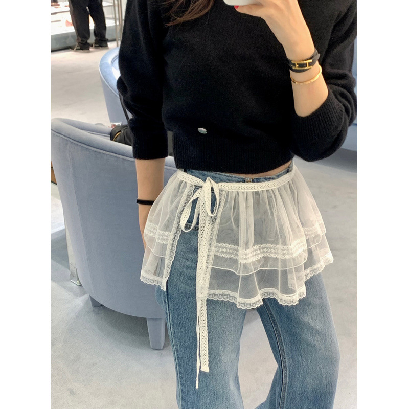 Korean Chic Summer Niche Versatile One-Piece Lace-Up See-Through Layered Lace Skirt Butt Curtain Skirt for Women