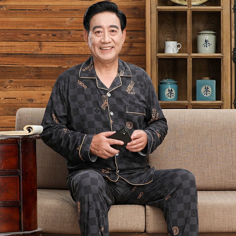 Pijamas de mediana edad y ancianos hombres 100% algodón primavera y otoño manga larga otoño e invierno más tamaño viejo papá traje de uso doméstico