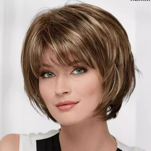 Foreign trade Europe and the United States wig women's short hair brown mixed color layered short straight hair chemical fiber headgear manufacturers in stock wholesale generation