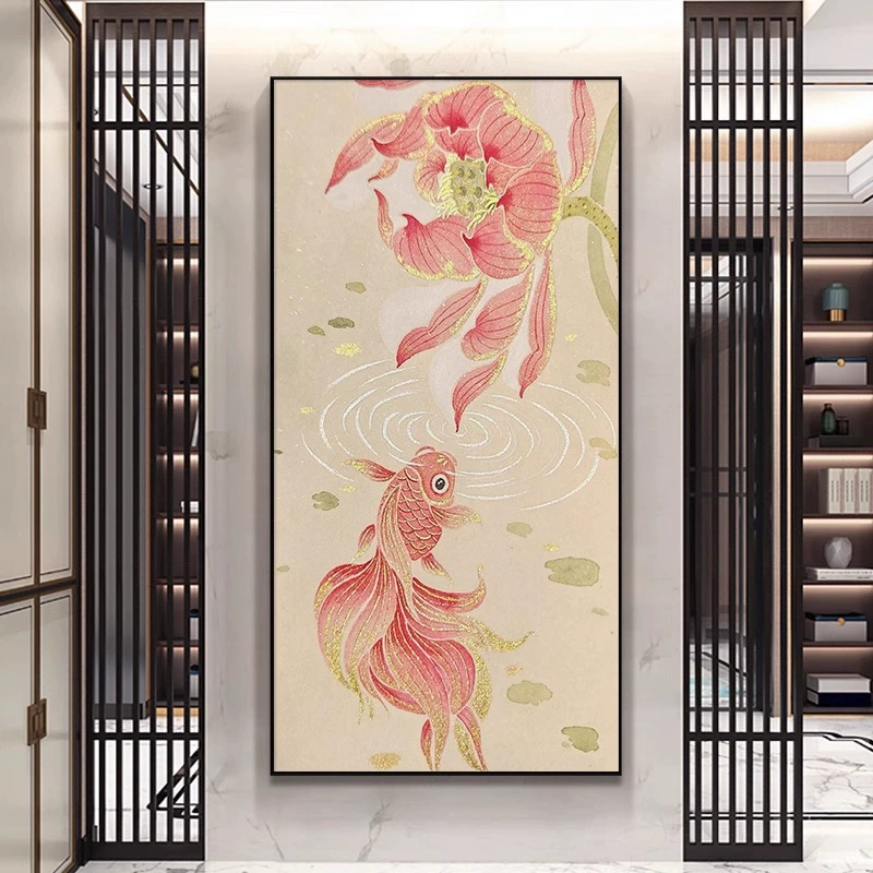 Song Dynasty Aesthetic Hanging Painting Good Luck Koi Entrance Decoration Painting Song Style Creative Living Room Grand Ancient Style Hanging Painting