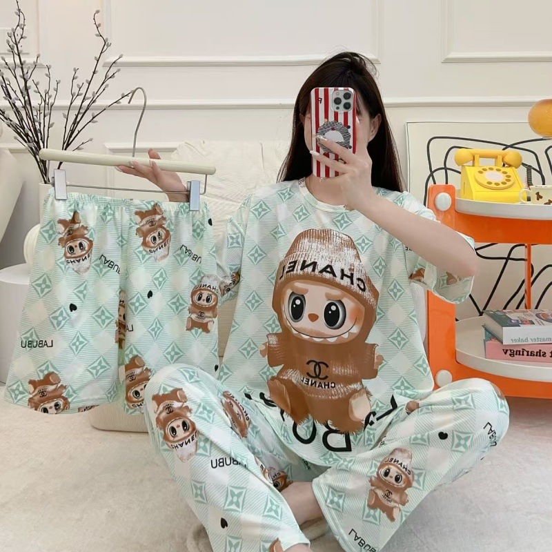 Pijamas de verano transfronterizos pijamas de leche de seda de tres piezas set de dibujos animados comercio exterior ropa para el hogar pantalones de mangas cortas lindos