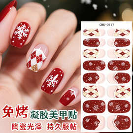 跨境欧美圣诞节凝胶指甲贴防水卡通可爱免烤美甲贴no uv gel nail