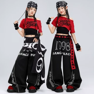 儿童爵士舞服装潮酷时髦女童露脐黑红表演服套装jazz女孩街舞潮服