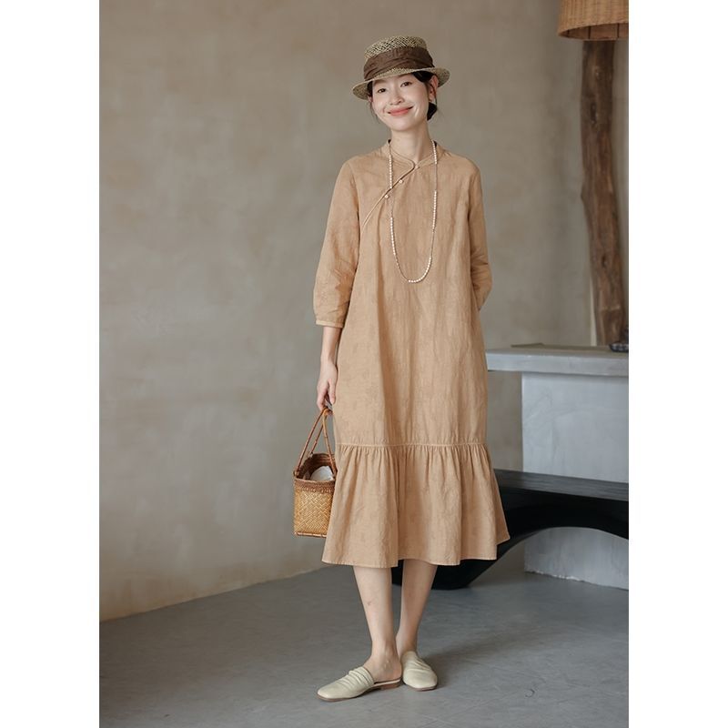 Spring and Summer New Style Loose-Fitting Slimming High-End Linen Cotton Jacquard Artistic Retro New Chinese-Style Improved Cheongsam Dress