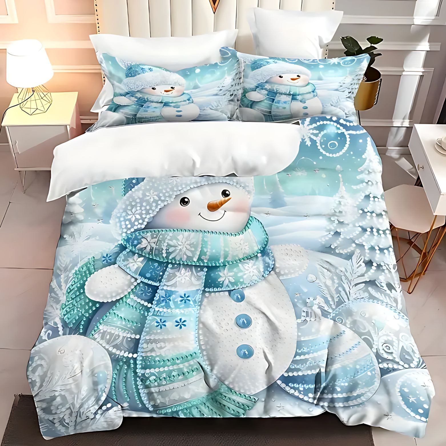 TEMU / JIT transfronterizo lindo pequeño muñeco de nieve patrón 3D impresión digital esponjosa cama cubierta