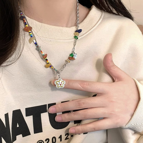 Childlike colorful flower smiley face necklace for women summer dopamine natural stone beaded high-end clavicle chain neck necklace