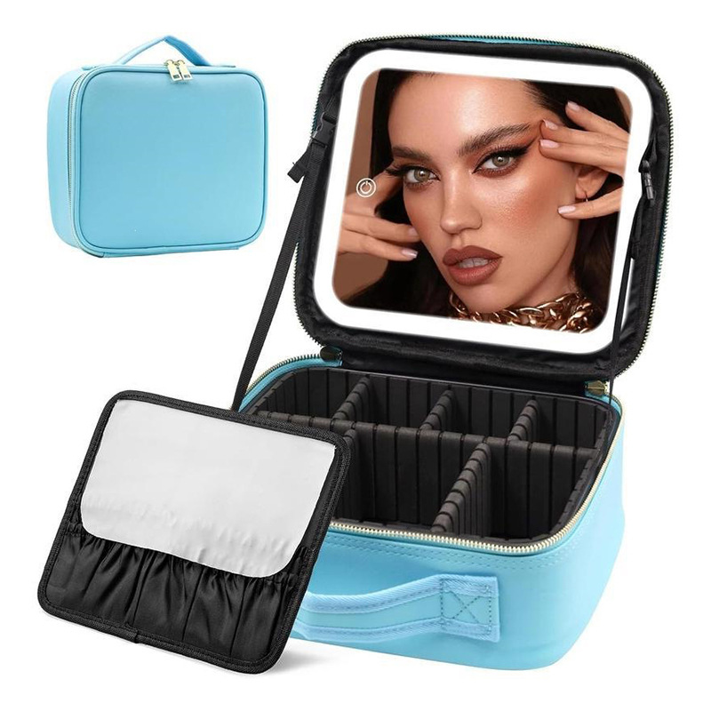 Bolsa de maquillaje de alta calidad con espejo con LED, partición desmontable, bolsa de maquillaje portátil impermeable de almacenamiento de gran capacidad