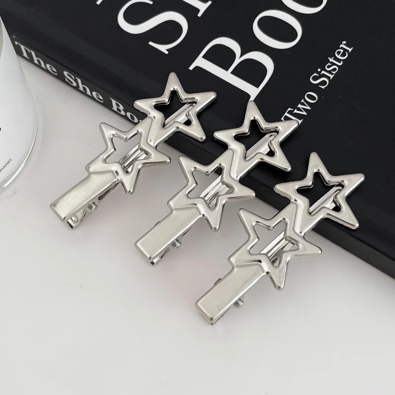 Fijación de cabello de metal fría plata en forma de clip de nariz de pato temperamento agujero estrellas clip de cabello frente lateral clip de cabello roto mujer