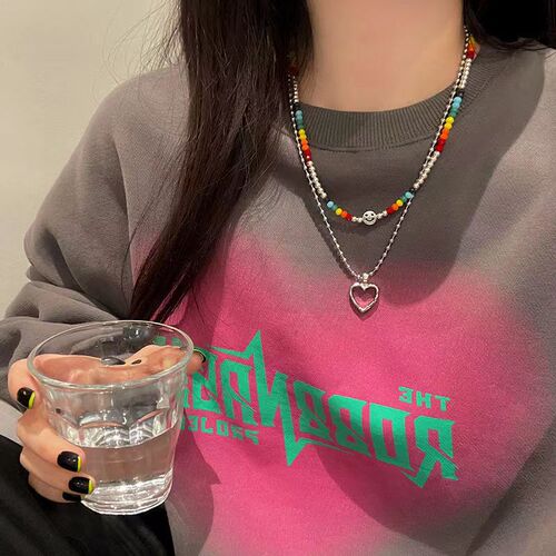 Ins style rainbow color crystal beaded smiley face love stacking set clavicle chain necklace female cute casual necklace