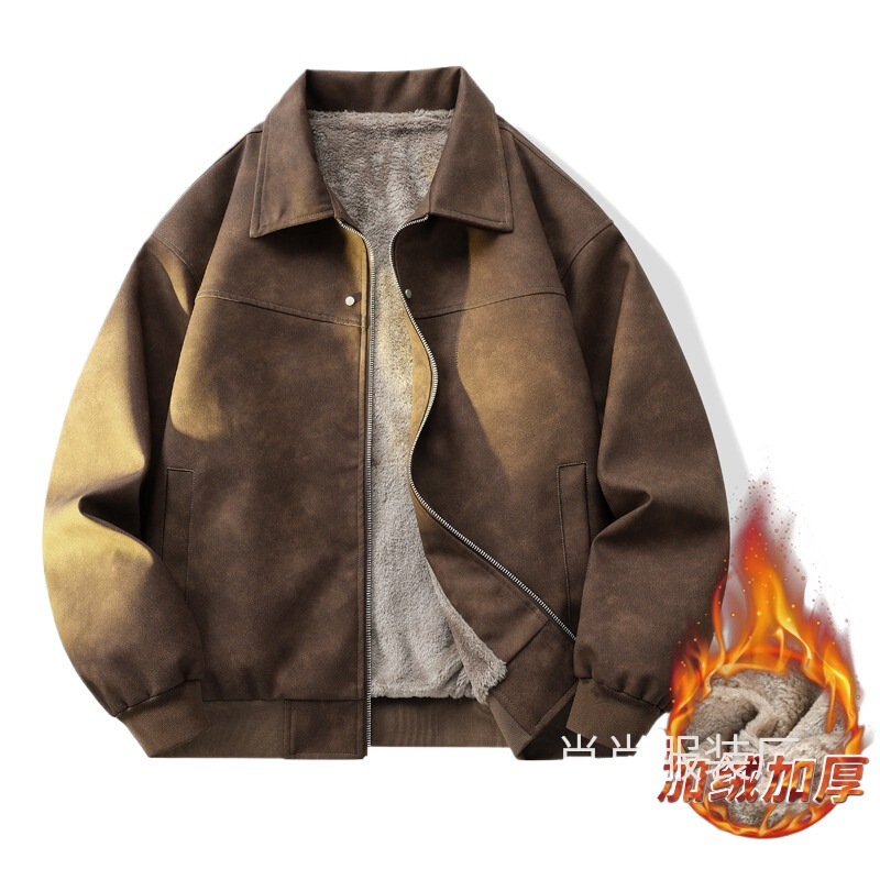Wukong Has American Retro Brown Lapel Leather Jacket Men's Melar-Grade Couple Jacket in Stock
