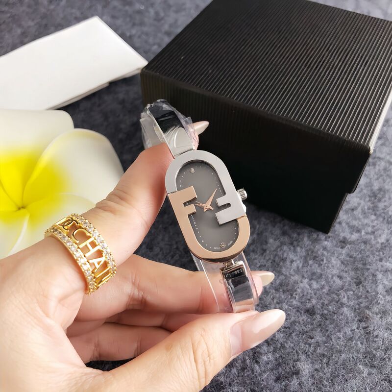 Trendy Two-Tone Oval Gray Dial Watch with F Logo Design, Personalized Women's Watch for Everyday Wear with Bracelet