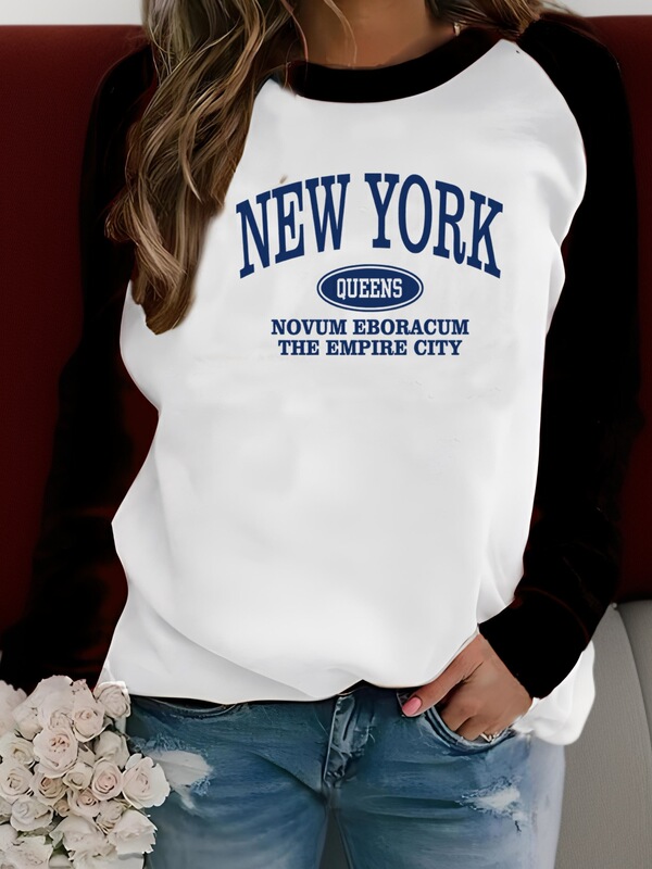 Women's Casual Raglan Sleeve Crew Neck Sweatshirt - New York Queens Graphic Letter Print Contrast Color Design, White