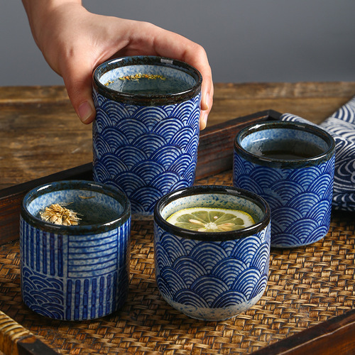 跨境青海波纹陶瓷水杯日式茶杯出口日本寿司料理餐厅随手杯批发