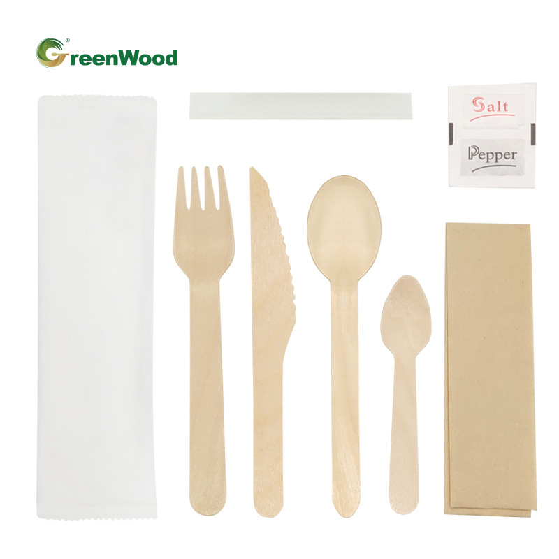 El fabricante personaliza el juego de vajilla de madera desechable ecológica, cuchillo de madera, tenedor de madera, cuchara de madera, cuchara de madera, degradable
