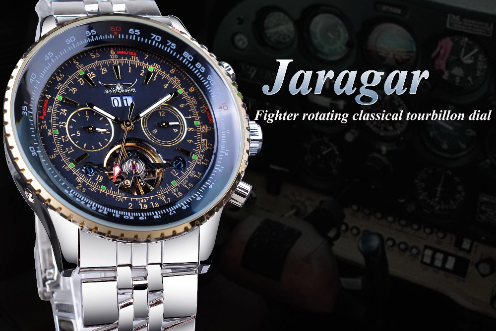Jaragar stor urtavla tourbillon mekanisk klocka Herrmode casual stålbandsklocka med kalender_voghion.com