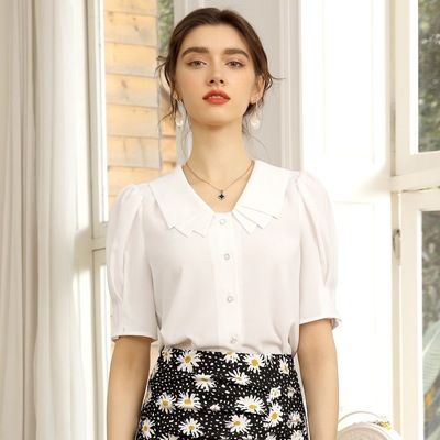 百姿2021夏季新款女装纯色上衣娃娃领时尚OL气质短袖雪纺衬衫女|ms