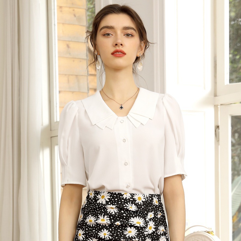 百姿2021夏季新款女装纯色上衣娃娃领时尚OL气质短袖雪纺衬衫女|ms
