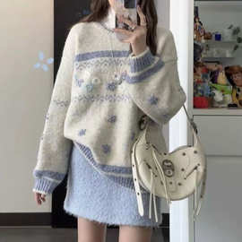 复古法式提花慵懒风秋冬新款外穿针织衫高级感软糯上衣套头毛衣女