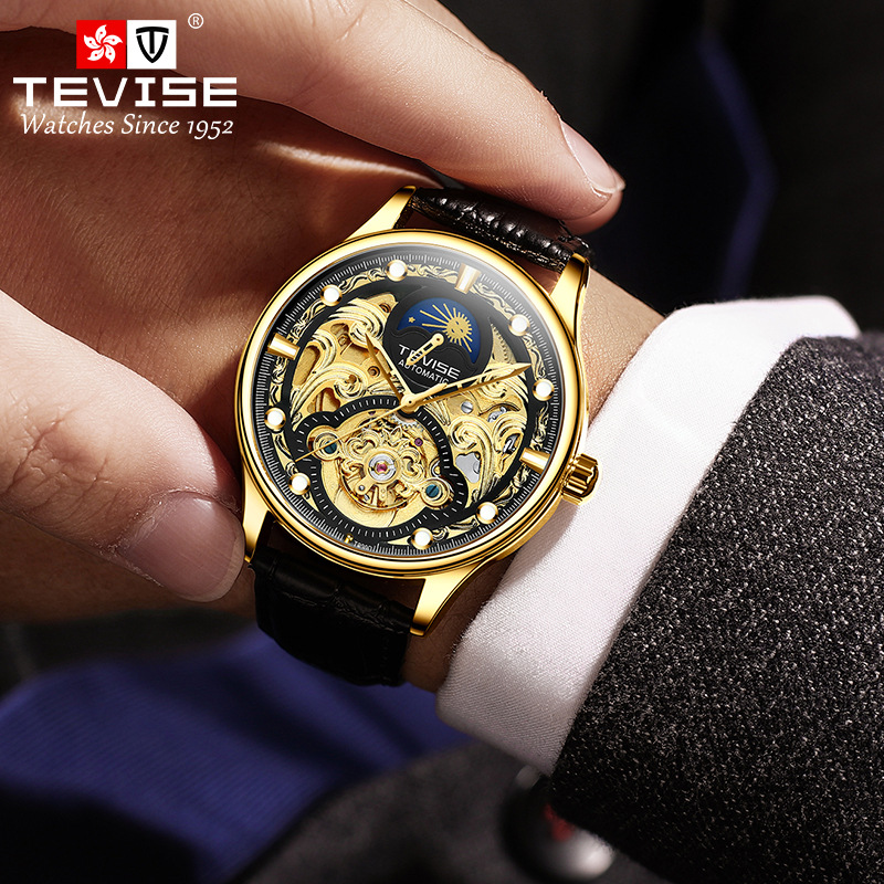 TEVISE reloj mecánico automático casual para hombres hueco transparente fase lunar volante reloj mecánico para hombres T820D