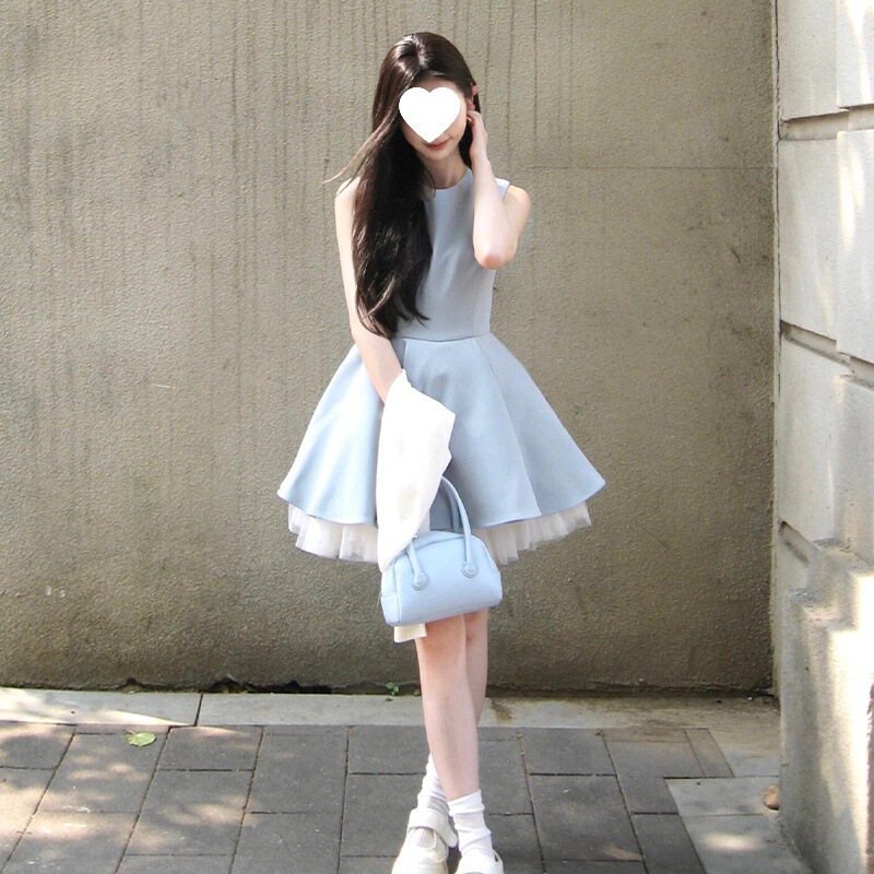 Cross-Border French-Style Blue Sleeveless Vest Dress for Women, Summer New Lace-Trimmed Waist Puffy Short Dress