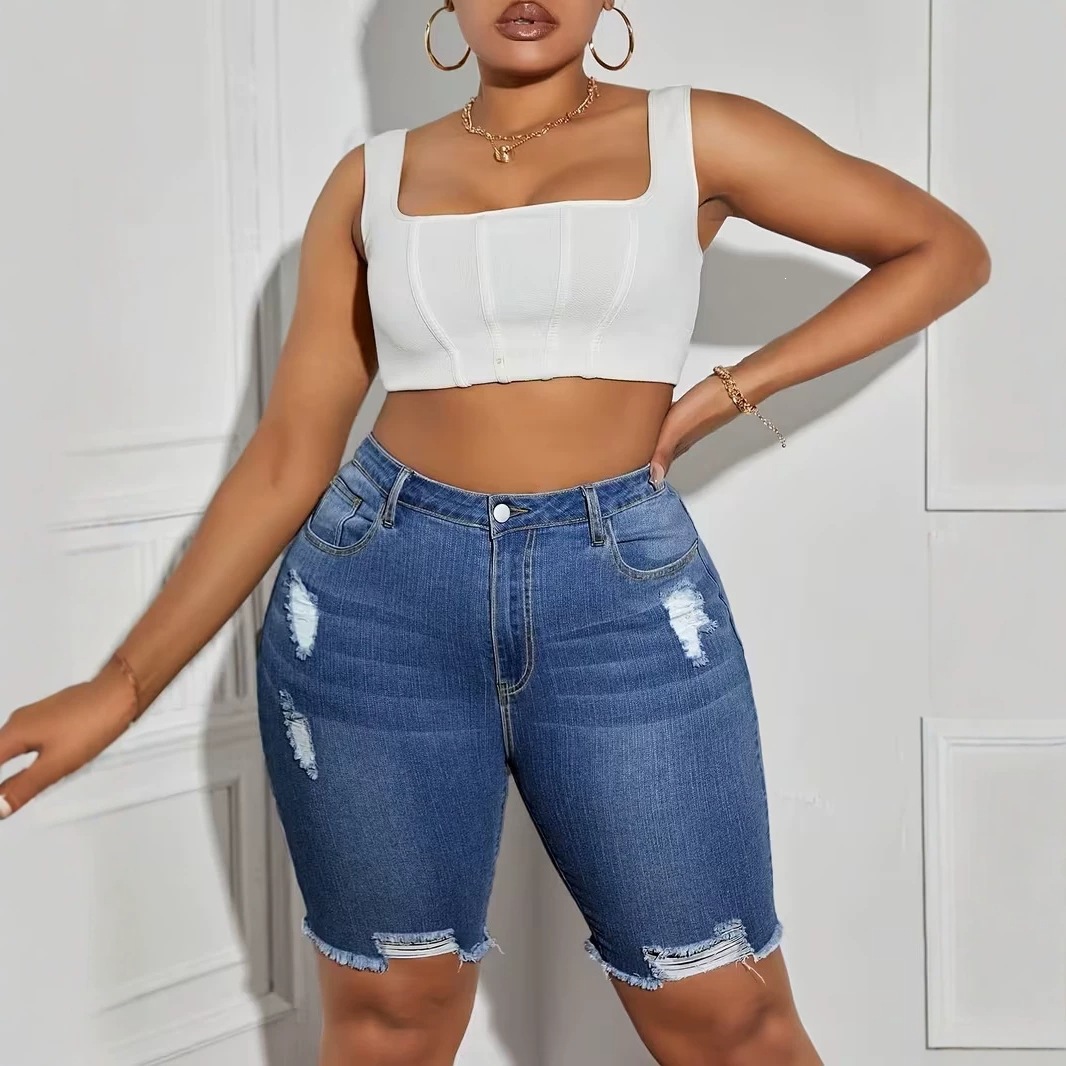 European and American Cross-Border Denim Shorts for Women 2026 Summer High-Waisted Elastic Hip-Lifting Slimming Washed Five-Point Shorts Wholesale in Stock
