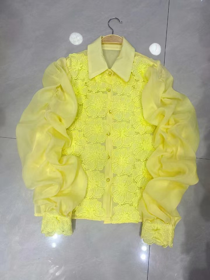 Women's Clothing Light Luxury Temperament Lapel Flower Slim Top Design Niche Single Breasted Shirt_voghion.com