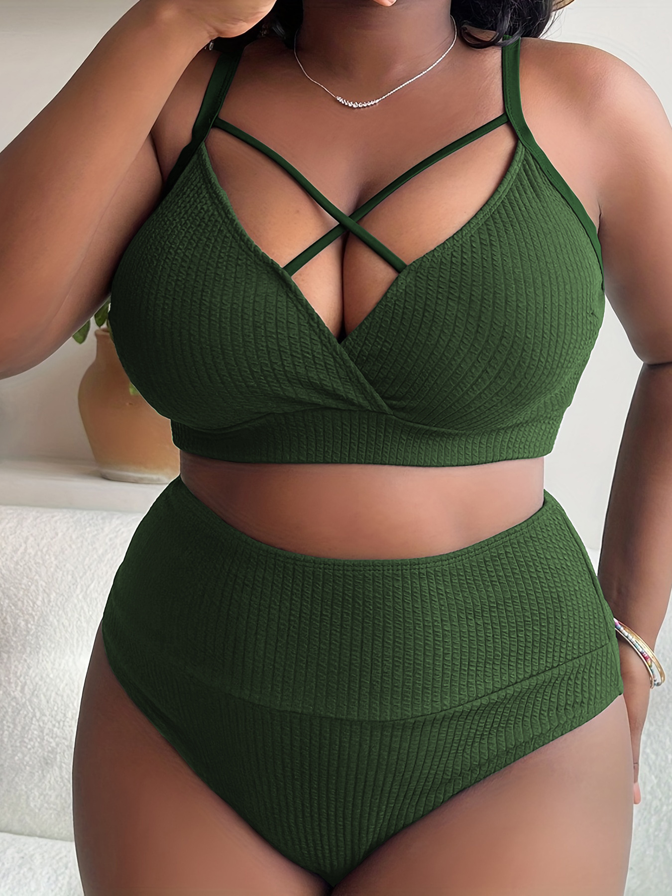 New European And American Foreign Trade Sexy Solid Color High-Waisted Bikini Swimsuit For Plus-Size Women P005_ecoleips.com