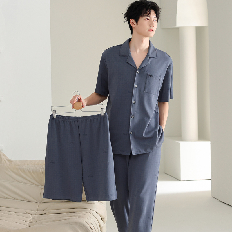 Factory Pure Cotton Men's Pajamas Spring and Autumn Cardigan Short-Sleeved Long Pants 2026 New Simple Home Wear Three-Piece Set Factory Pure Cotton Men's Pajamas Spring and Autumn Cardigan Short-Sleeved Long Pants 2026 New Simple Home Wear Three-Piece Set