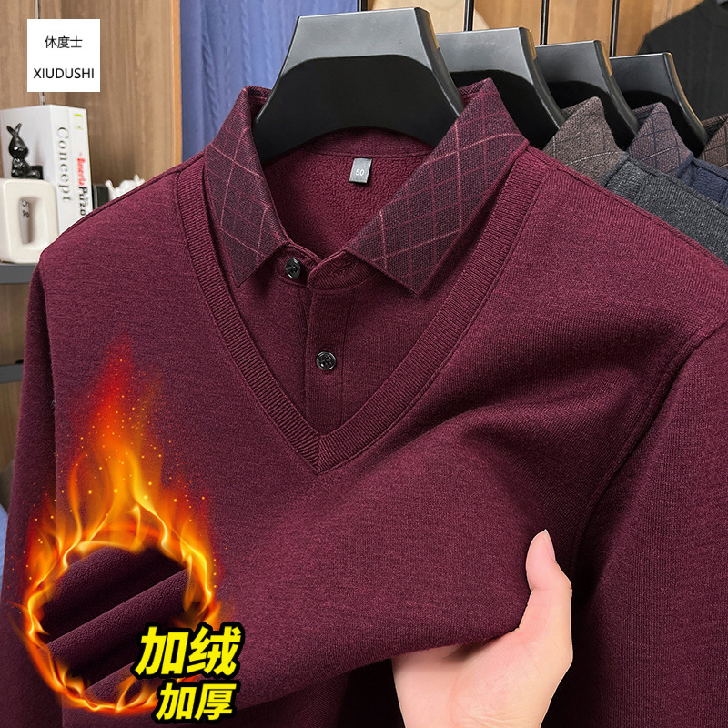 New winter men's fleece-lined faux two-piece knit sweater, fashionable lapel, thick and warm sweater for middle-aged and young men.
