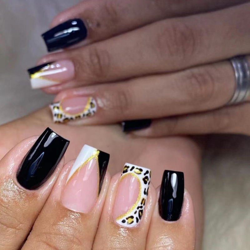 Valentine's Day Chinese Nail Art Patch French Beveled Half Love Black Gold Leopard Design Fake Nail Nail Nail Patch Valentine's Day Chinese Nail Art Patch French Beveled Half Love Black Gold Leopard Design Fake Nail Nail Nail Patch