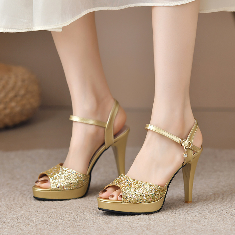 High-Heeled Sandals for Women, New Summer Style, Thick-Soled, Thin-Heeled, Fish-Mouth Sandals, One-Line Buckle, Sequined, Korean Fashion Sandals for Women High-Heeled Sandals for Women, New Summer Style, Thick-Soled, Thin-Heeled, Fish-Mouth Sandals, One-Line Buckle, Sequined, Korean Fashion Sandals for Women